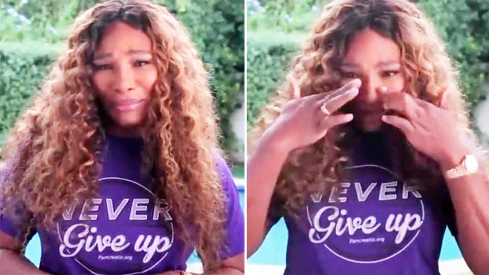 Serena Williams, pictured here breaking down in tears during the heartbreaking video.