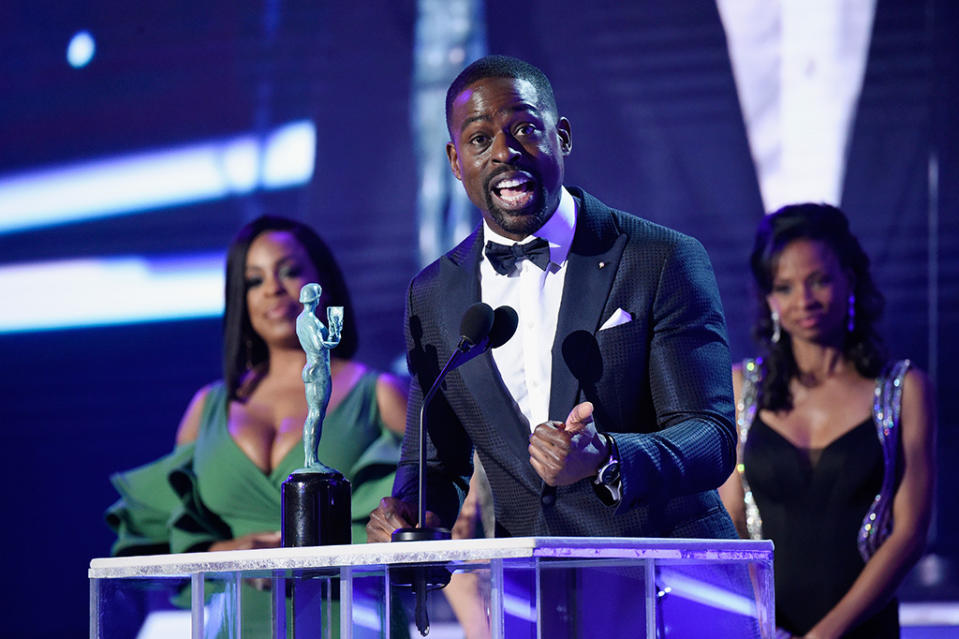 <p>The accolades just keep on coming for the <em>This Is Us</em> star, who made history once again on Sunday by becoming the first black actor to win the SAG Award for Outstanding Performance by a Male in a Drama Series. After thanking his wife and his castmates, he added, “To all those people out there still hustling, trying to make it: The fame won’t sustain you, the money won’t sustain you — the love? Keep that love alive, it will keep you going!” (Photo: Kevin Mazur/Getty Images for Turner Image) </p>