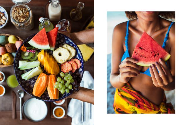 <p>Marta Tucci</p> From left: Breakfast at Uxua includes fruit, yogurt, and homemade granola; local Sarita Santos snacks at the Uxua beach bar.