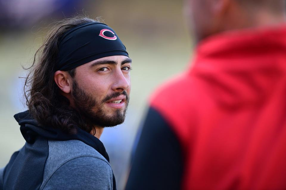 Apr 14, 2022; Los Angeles, California, USA; Cincinnati Reds second baseman Jonathan India (6) during batting practice at Dodger Stadium.