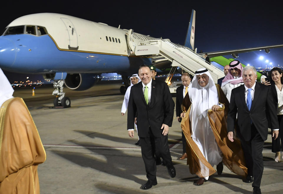 Secretary of State Mike Pompeo walks after stepping off his plane upon arrival at King Abdulaziz International Airport in Jeddah, Saudi Arabia, Wednesday, Sept. 18, 2019. (Mandel Ngan/Pool via AP)