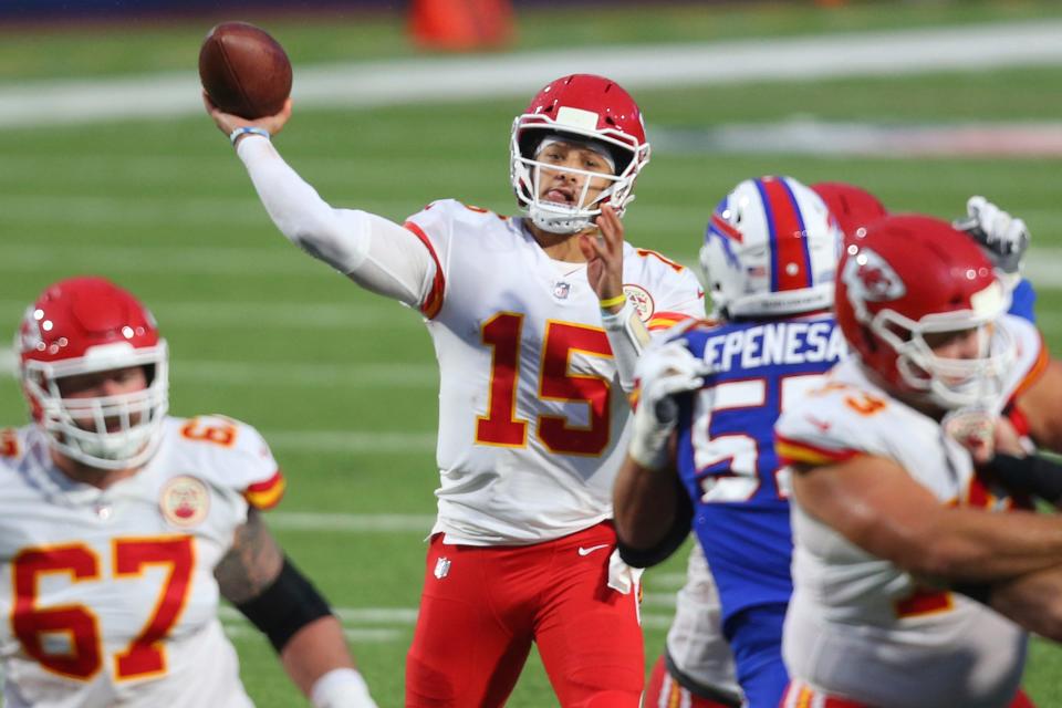 Kansas Chiefs quarterback Patrick Mahomes (15) throws a pass during the first half of an NFL football game against the Buffalo Bills in Orchard park, N.Y., Monday Oct. 19, 2020. (AP/ Photo Jeffrey T. Barnes)