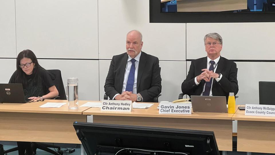 Anthony Hedley and Gavin Jones sitting at a table at the Essex County Council audit committee meeting