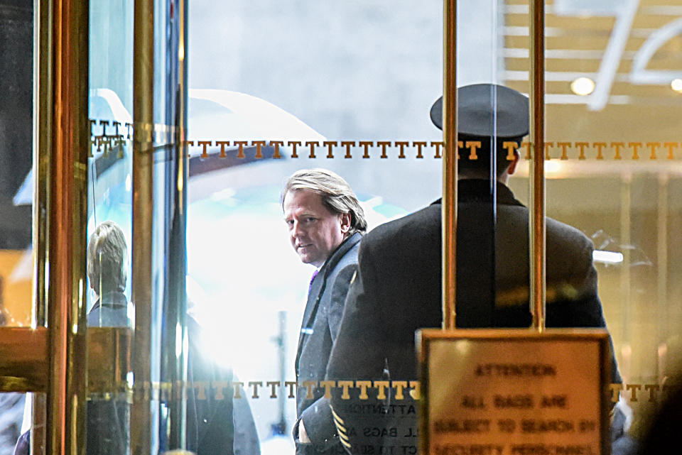 Donald F. McGahn, an American campaign finance lawyer, exits Trump Tower in New York City, Jan. 14, 2017. (Digitally enhanced photo: Stephanie Keith/Reuters)