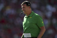 Oregon head coach Mario Cristobal coaches against Stanford during the second half of an NCAA college football game in Stanford, Calif., Saturday, Oct. 2, 2021. (AP Photo/Jed Jacobsohn)