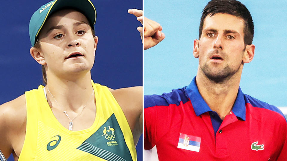 Ash Barty and Novak Djokovic, pictured here in action at the Olympics.