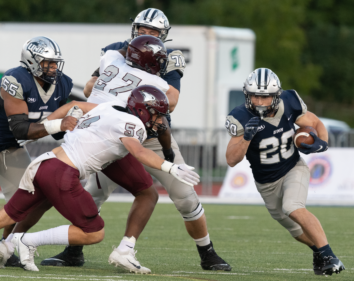 Junior running back Dylan Laube earned Colonial Athletic Association weekly honors for the second time this season, in large part for his 92-yard return of a punt for UNH’s first touchdown in last weekend's game at Towson.