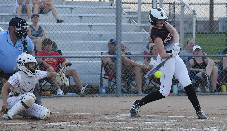Roland-Story's Madison Geise (4) hits the ball for a single during the Second inning at Ballard Softball Field, Tuesday, June 14, 2022, in Huxley, Iowa.