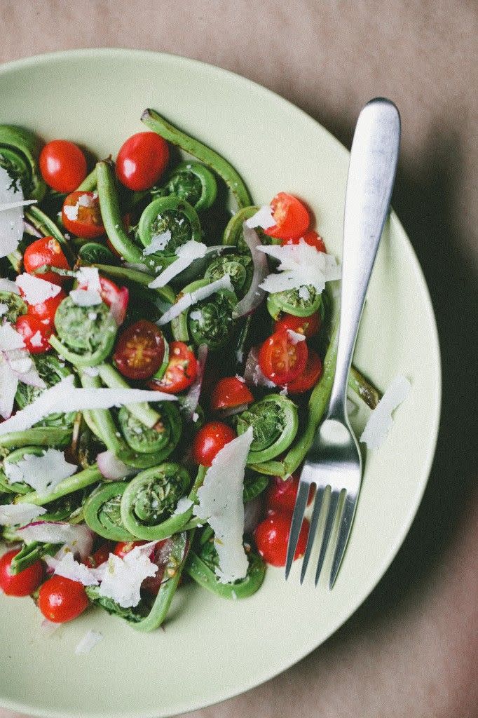 fiddlehead and tomato salad with pecorino