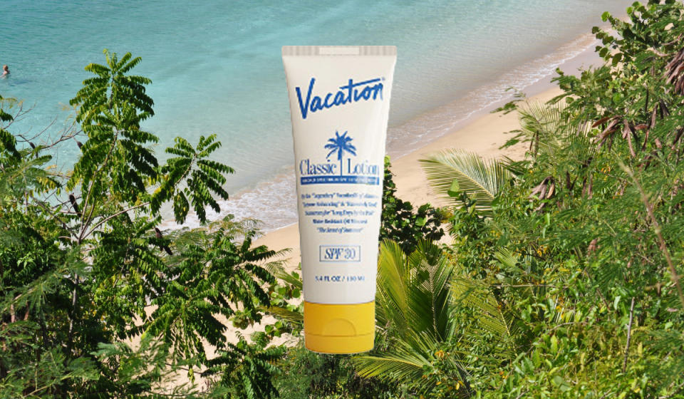 Bottle of white Vacation Classic Lotion with yellow cap on a tropical beach background. 