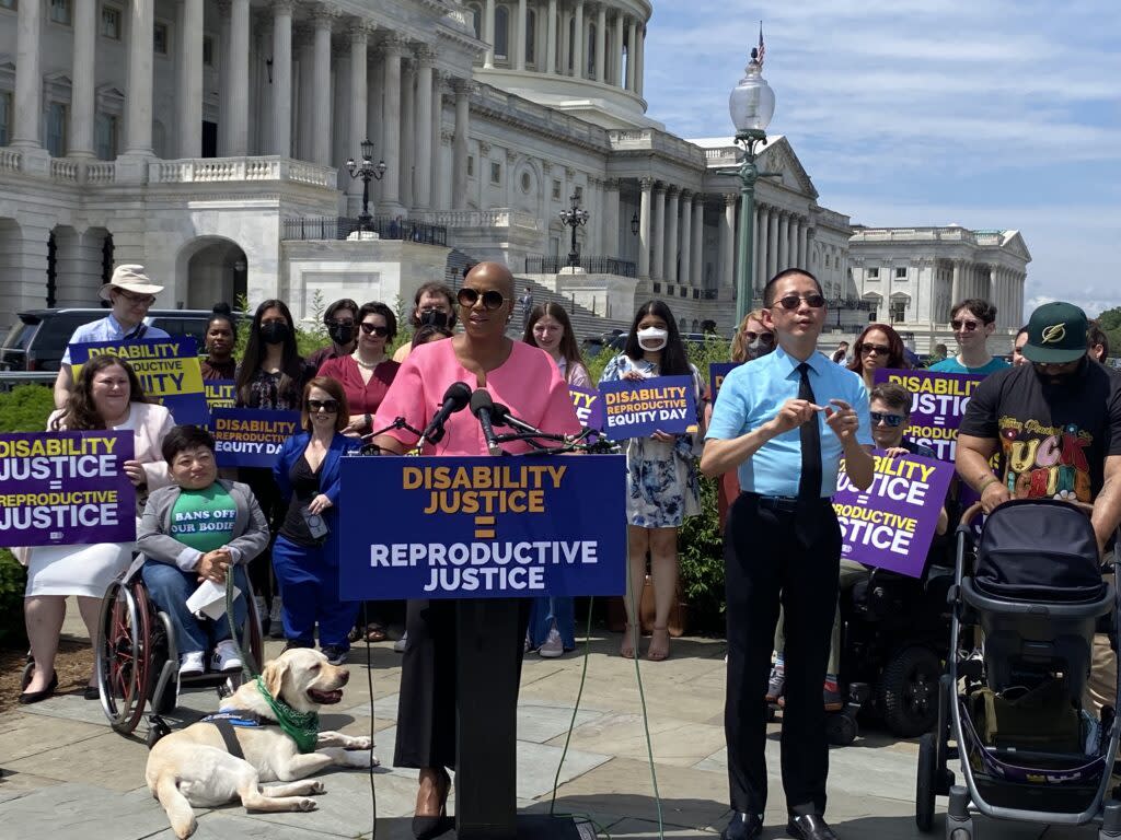 Massachusetts Democratic Rep. Ayanna Pressley speaks during a press conference on reproductive rights for people with disabilities outside the U.S. Capitol on Thursday, May 23, 2024. (Photo by Jennifer Shutt/States Newsroom)