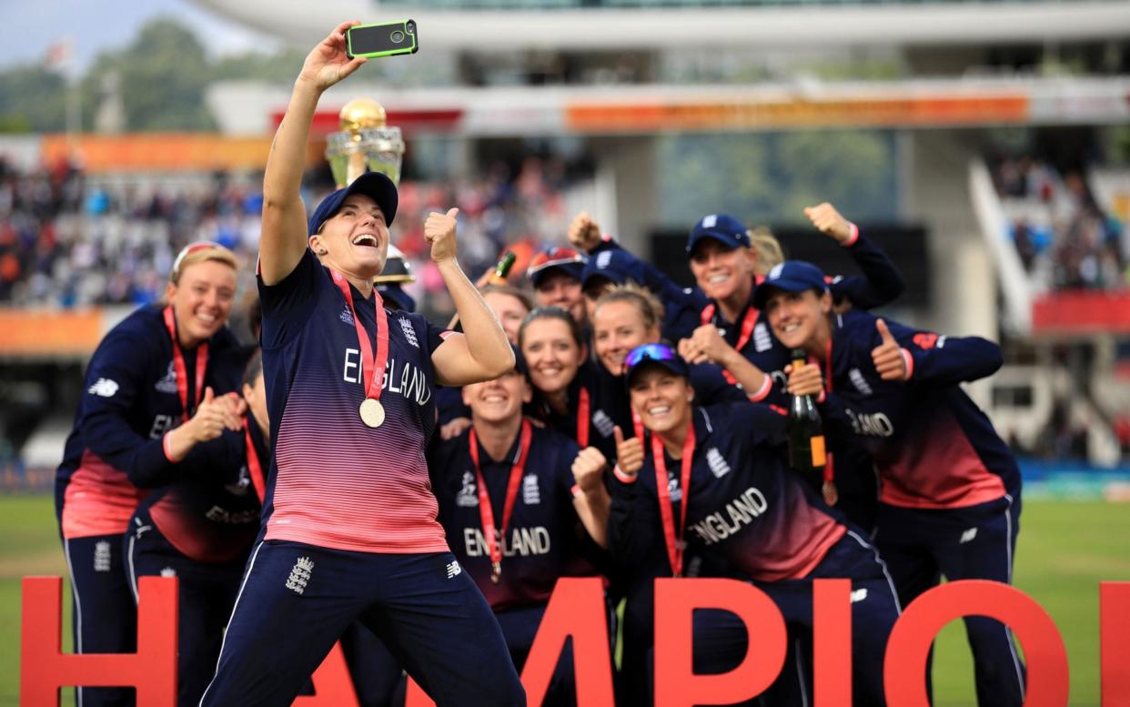 File photo dated 23-07-2017 of England's Katherine Brunt takes a selfie with the team as they celebrate with the trophy during the ICC Women's World Cup Final at Lord's - PA