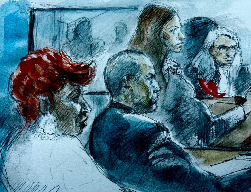 This court sketch depicts, from left to right, the mother of the victim, Au, defence lawyer Alexa Banister-Thompson and Justice Jennifer Woollcombe.