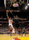 MIAMI, FL - FEBRUARY 23: Baron Davis #85 of the New York Knicks shoots over LeBron James #6 of the Miami Heat during a game at American Airlines Arena on February 23, 2012 in Miami, Florida. NOTE TO USER: User expressly acknowledges and agrees that, by downloading and/or using this Photograph, User is consenting to the terms and conditions of the Getty Images License Agreement. (Photo by Mike Ehrmann/Getty Images)