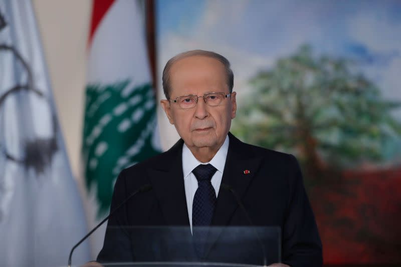 FILE PHOTO: Lebanese President Aoun delivers televised address to the public on eve of Lebanon's centenary at the presidential palace in Baabda