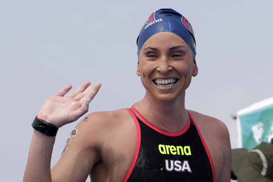 Haley Anderson of the United States reacts after competing in the women's 10km open water swim at the World Swimming Championships in Yeosu, South Korea, Sunday, July 14, 2019. (AP Photo/Mark Schiefelbein)