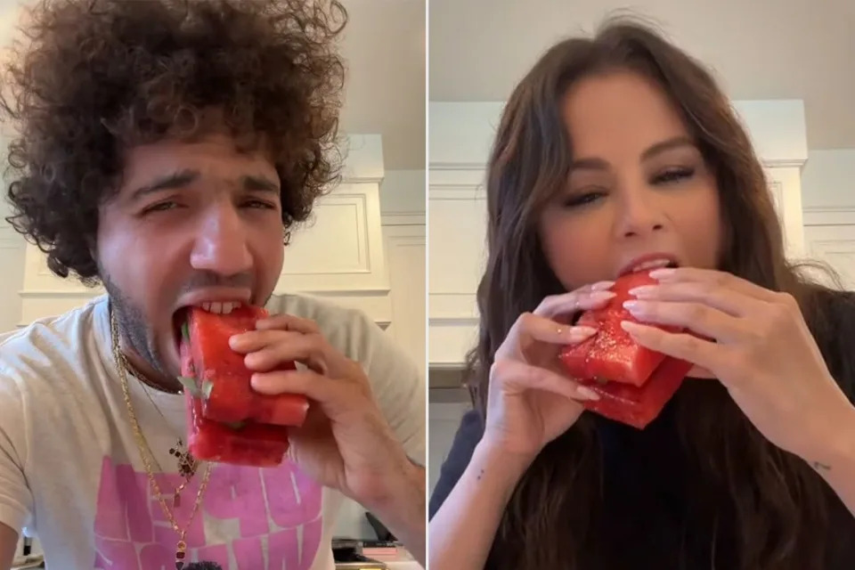 <p>Benny Blanco/TikTok</p> Benny Blanco and Selena Gomez try a "watermelon pickle sandwich" in a TikTok