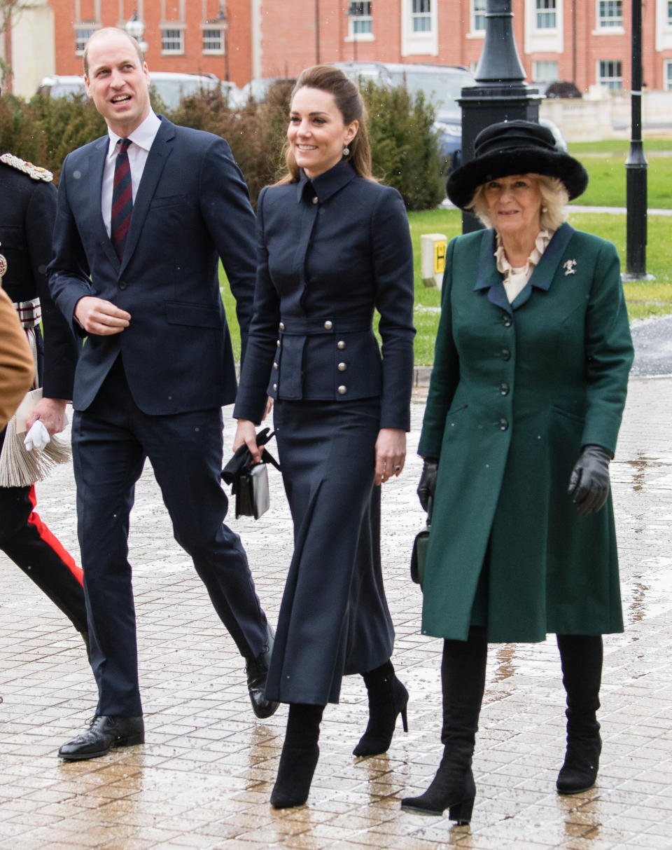 LOUGHBOROUGH,  - FEBRUARY 11: Prince William, Duke of Cambridge, Catherine, Duchess of Cambridge and Camilla, Duchess of Cornwall visit the Defence Medical Rehabilitation Centre Stanford Hall on February 11, 2020 in Loughborough, United Kingdom. (Photo by Samir Hussein/WireImage)