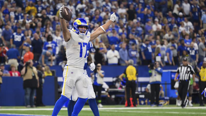 Los Angeles Rams wide receiver Puka Nacua (17) celebrates the winning touchdown in overtime during an NFL football game against the Indianapolis Colts, Sunday, Oct. 1, 2023, in Indianapolis. 