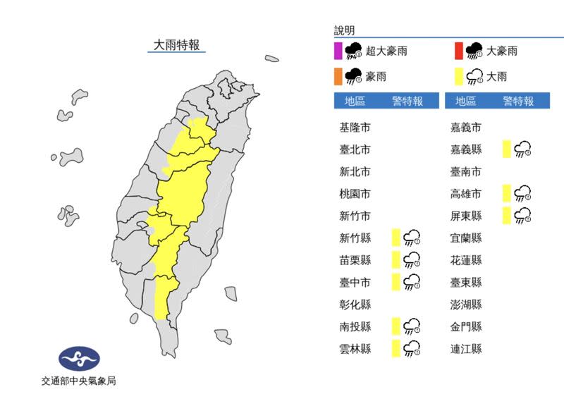 8縣市發布大雨特報。（圖／翻攝自中央氣象局）