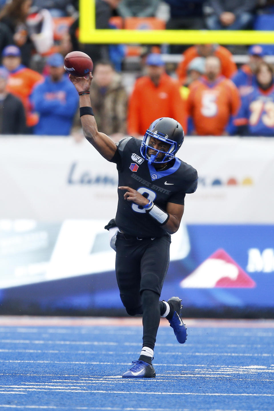 Boise State quarterback Jaylon Henderson (9) throws the ball against Hawaii during the first half of an NCAA college football game for the Mountain West Championship Saturday, Dec. 7, 2019, in Boise, Idaho. (AP Photo/Steve Conner)