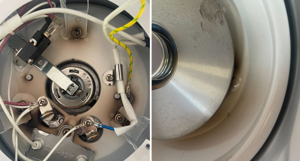 Images of the inside of Nick's burnt Kmart Anko 7 Cup Rice Cooker.