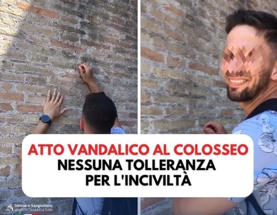 一名男子在羅馬競技場上刻字，引發眾怒。（翻攝自推特@g_sangiuliano）