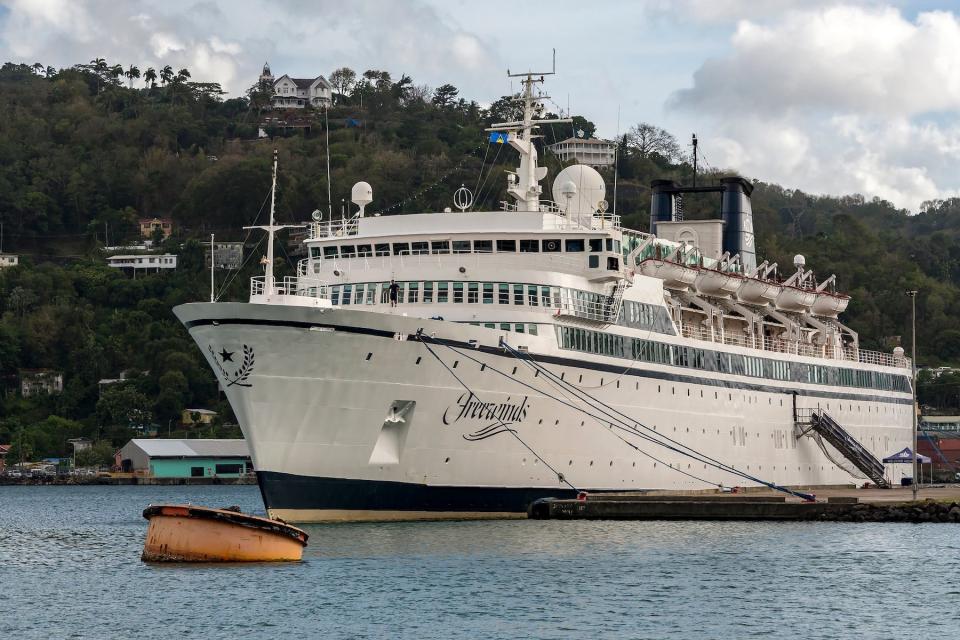 The Freewinds cruise ship owned by the Church of Scientology is seen docked in quarantine at the Point Seraphine terminal in Castries, Saint Lucia, on May 2, 2019, after a measles case was detected onboard.