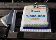 A cake made for 82 year old cyclist Russ Mantle who completed his millionth mile is seen in Mytchett, near Aldershot