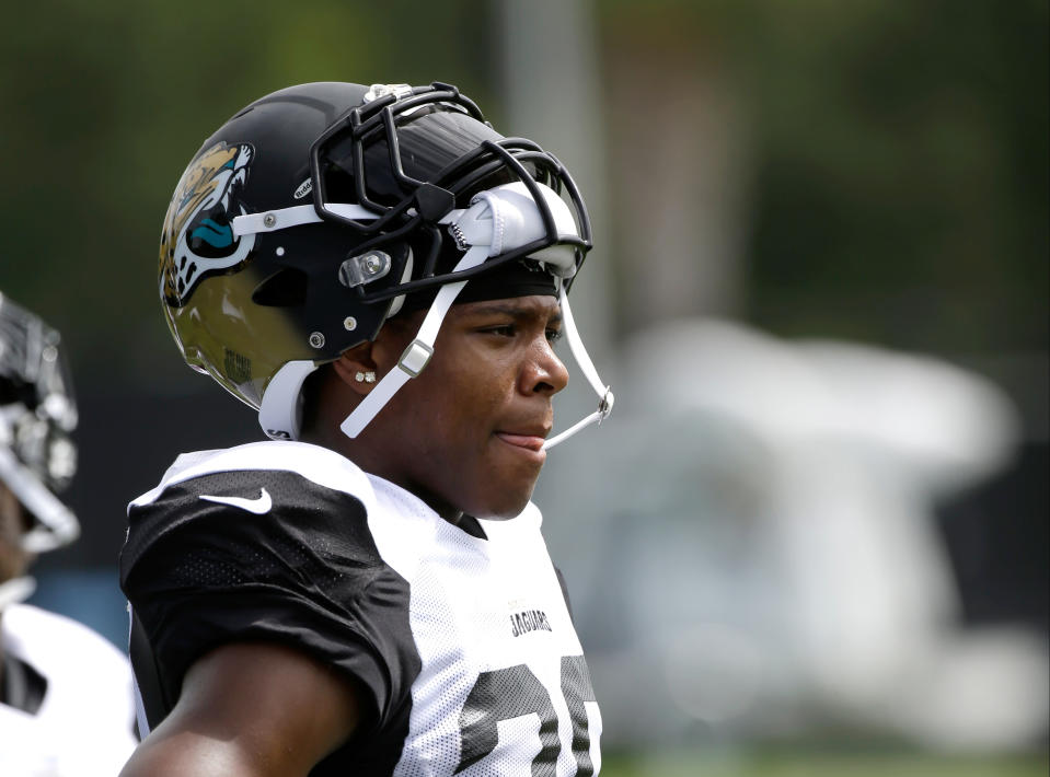 Jaguars cornerback Jalen Ramsey looks past the Patriots. (AP)