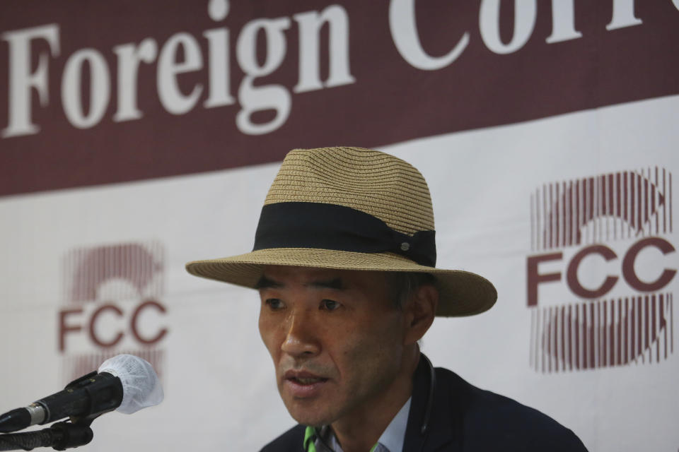 Lee Rae-jin, the older brother of a South Korean government official who recently killed by North Korean troops, speaks during a press conference at the Seoul Foreign Correspondent Club in Seoul, South Korea, Tuesday, Sept. 29, 2020. South Korea said Tuesday that a government official slain by North Korean sailors wanted to defect, concluding that the man, who had gambling debts, swam against unfavorable currents with the help of a life jacket and a floatation device and conveyed his intention of resettling in North Korea. (AP Photo/Ahn Young-joon)