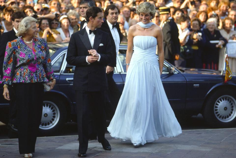 <p>Diana wore this memorable number to a gala during the Cannes Film Festival. The pale blue flowing chiffon dress was designed by Catherine Walker, one of Diana's favorite designers. </p>