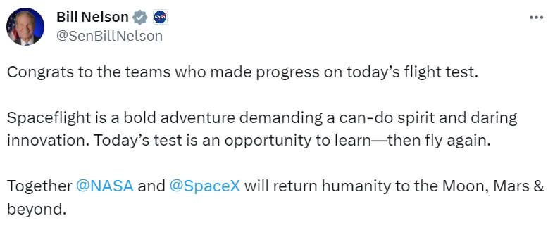 <strong>美國太空總署（NASA）署長尼爾森發文恭喜SpaceX在星艦發射計畫有所進步。（圖／翻攝自X@SenBillNelson）</strong>