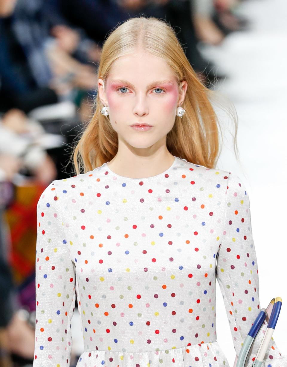 McGrath also created this rosy look, <a href="https://www.vogue.com/article/valentino-spring-2018-beauty-hair-makeup-draped-statement-blush-pat-mcgrath" target="_blank">blending blush up to the eyelids and brows</a>, for the Valentino spring 2018 ready-to-wear collection.&nbsp;