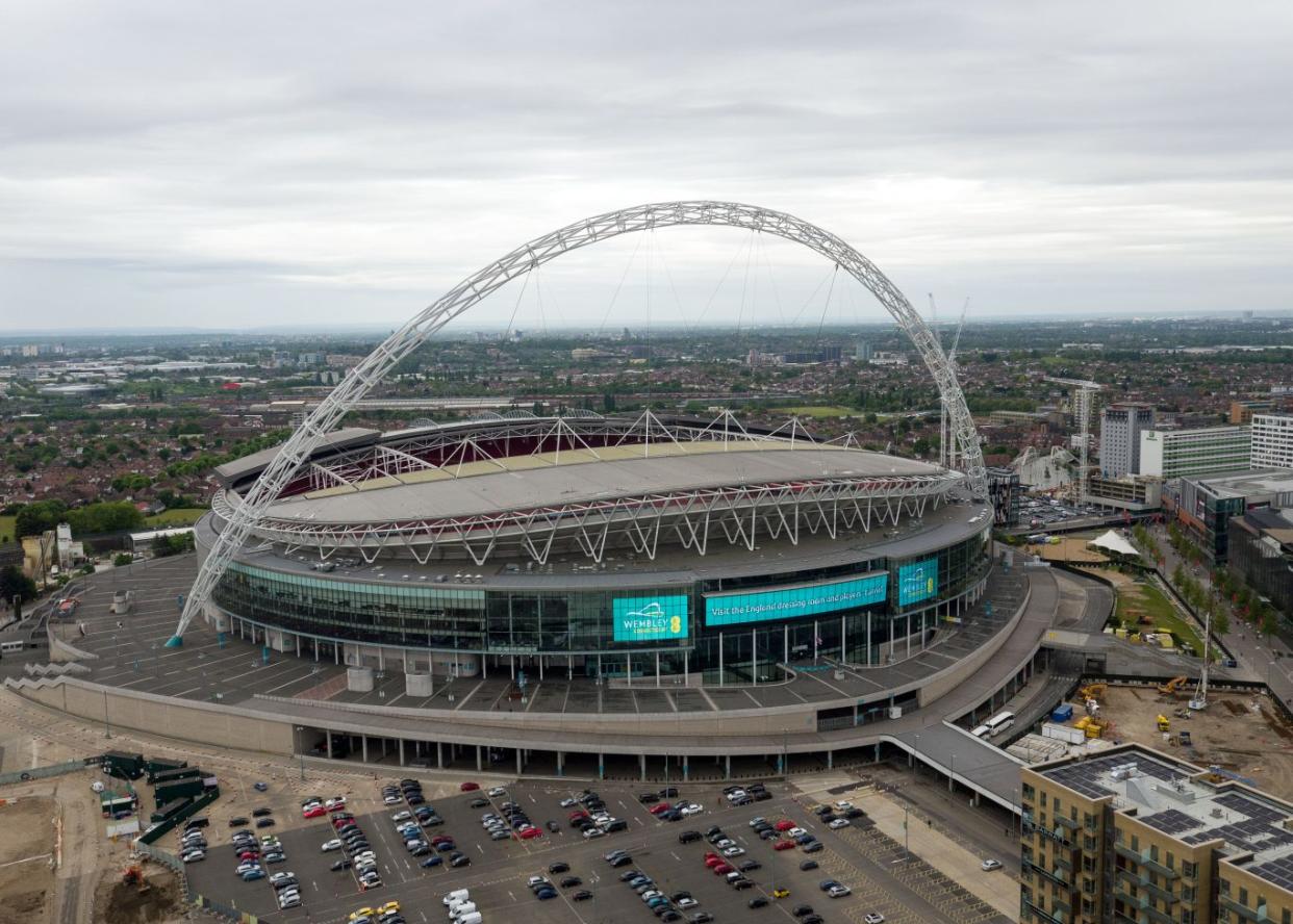 An aerial view of Wembley Stadium, London.