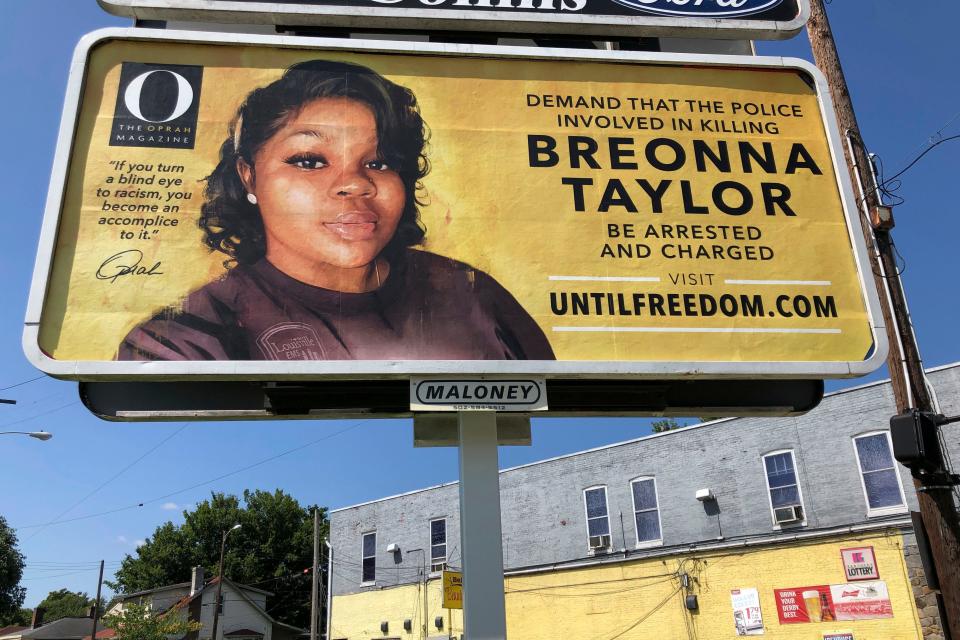 A billboard sponsored by O, The Oprah Magazine, is on display with a photo of Breonna Taylor. Twenty-six billboards are going up across Louisville, demanding that the police officers involved in Taylor's death be arrested and charged.