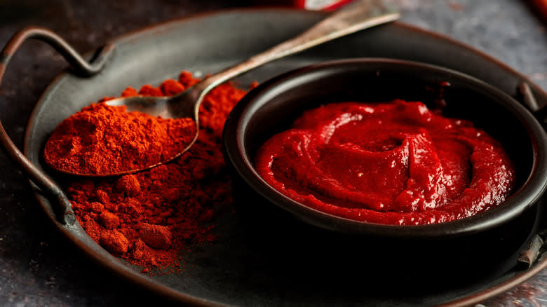 powdered gochugaru with a spoon and a bowl of gochujang