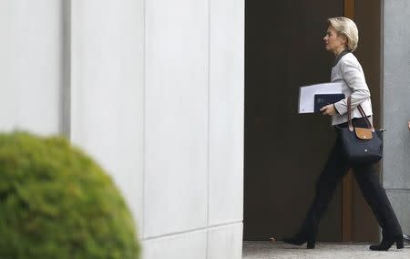 German Defence Minister Ursula von der Leyen of the Christian Democratic Union (CDU) arrives at the German Parliamentary Society offices before the start of exploratory talks about forming a new coalition government in Berlin, Germany, October 20, 2017. REUTERS/Axel Schmidt