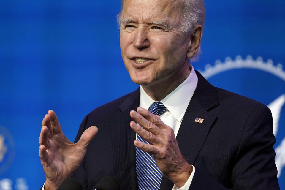 President-elect Joe Biden speaks during an event at The Queen theater in Wilmington, Del., Thursday, Jan. 7, 2021, to announce key nominees for the Justice Department. (AP Photo/Susan Walsh)