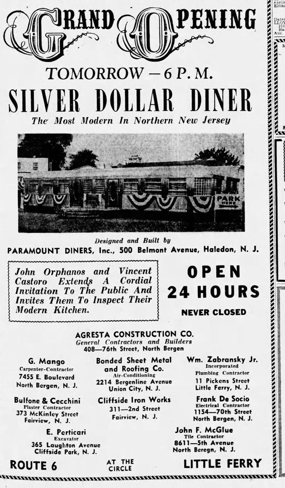 An ad for the grand opening of the Silver Dollar Diner, later renamed Rosie's, in Little Ferry.