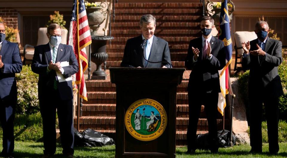 In this file photo, Gov. Roy Cooper announced Apple’s new campus in North Carolina on April 26, 2021, at the Executive Mansion in Raleigh. Juli Leonard/jleonard@newsobserver.com