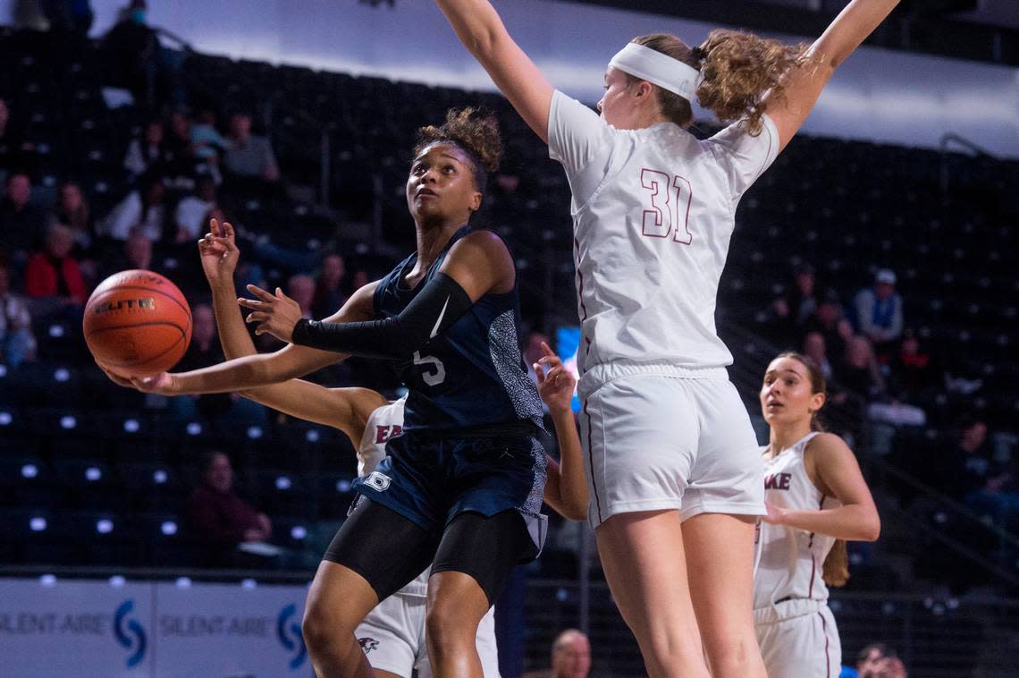 Bellarmine Prep guard Kiara Stone puts up a shot during the second quarter of a basketball game against Eastlake at the 2023 King Showcase on Monday, Jan. 16, 2023 at the ShoWare Center in Kent, Wash.