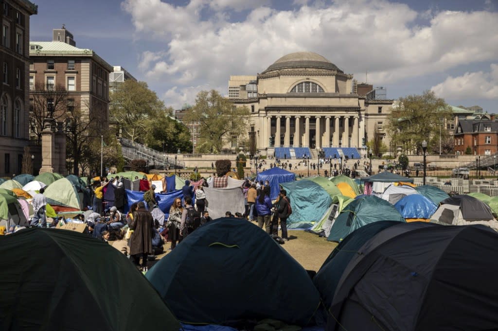 Pro-Palestinian demonstration encampment is seen at the Columbia University, Friday, April 26, 2024, in New York. (AP Photo/Yuki Iwamura)