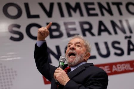 Former Brazilian president Luiz Inacio Lula da Silva reacts during a seminar "Strategies for the Brazilian Economy", in Brasilia, Brazil April 24, 2017. REUTERS/Ueslei Marcelino