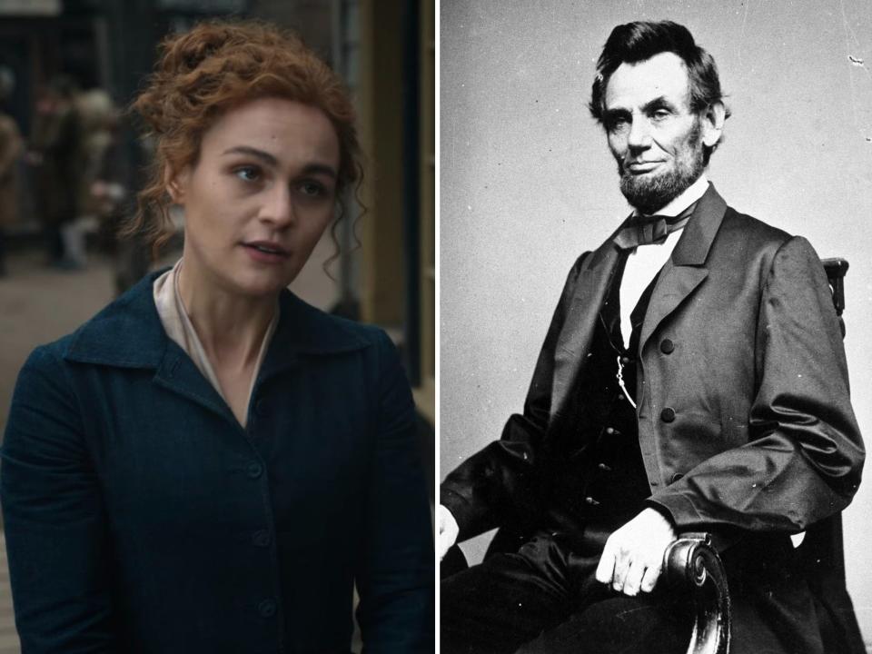 Brianna MacKenzie (Sophie Skelton) in "Outlander" season seven, episode two; a portrait of Abraham Lincoln