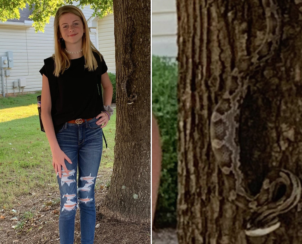 A back-to-school photoshop turned into a horror movie when a mother realized a snake was slithering behind her daughter. (Facebook)