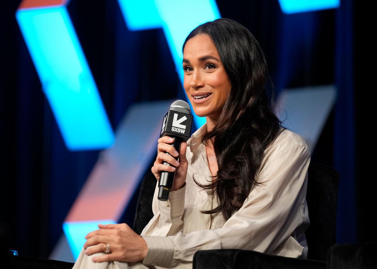 Meghan, The Duchess of Sussex, speaks at the keynote “Breaking Barriers, Shaping Narratives: How Women Lead On and Off the Screen” at SXSW at the Austin Convention Center Friday March 8, 2024.