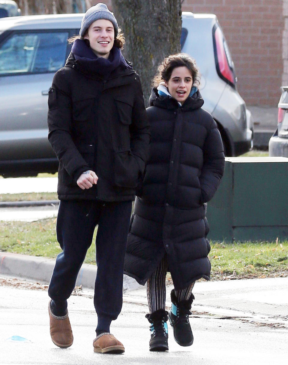 <p>Shawn Mendes and Camila Cabello go for a stroll through Mendes' hometown of Pickering, Canada on Tuesday.</p>