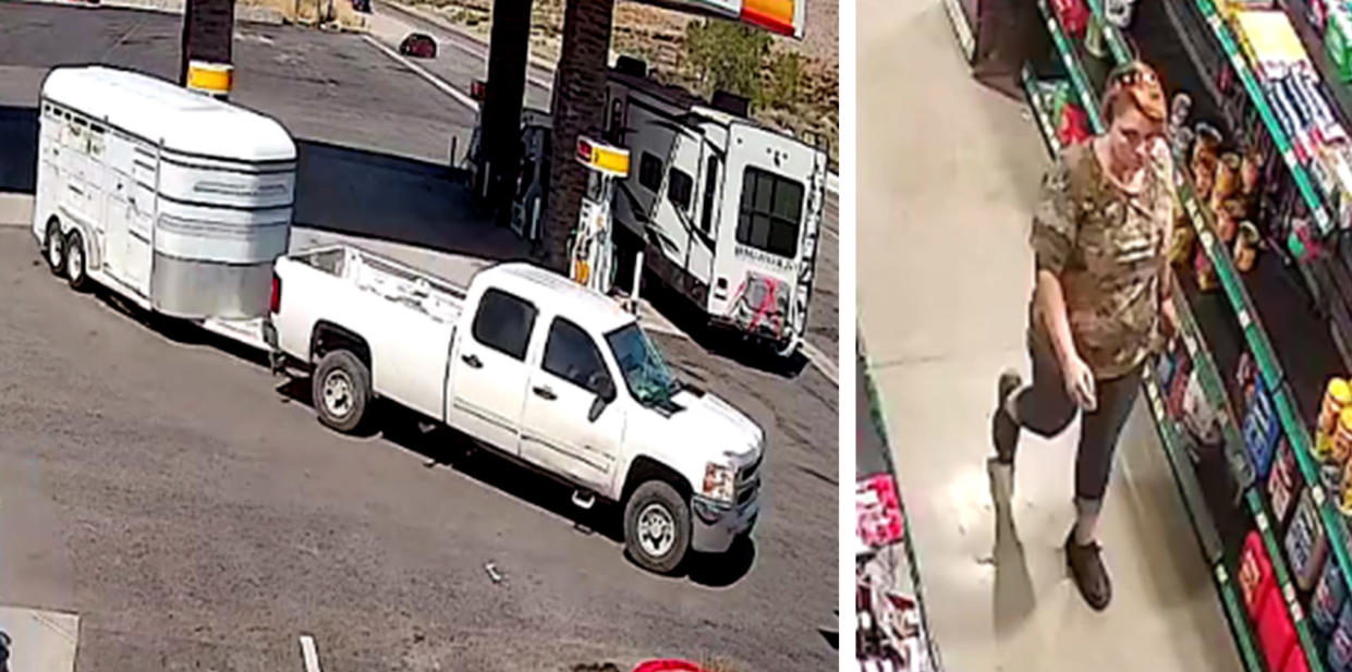 A truck at a gas station; a passenger of the truck inside the gas station.