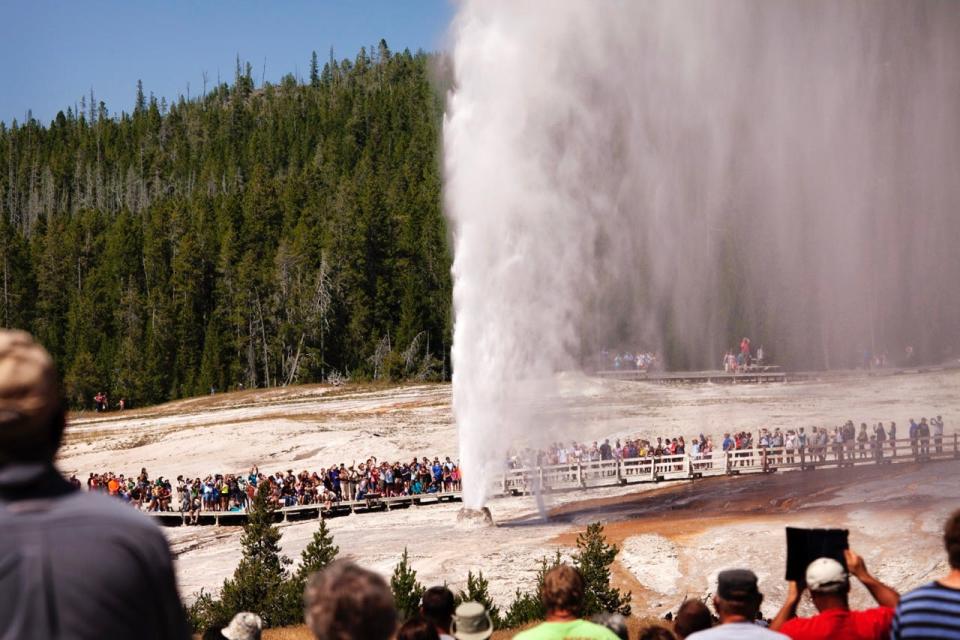 Tourists around Old Faithful Geyser at Yellowstone National Park